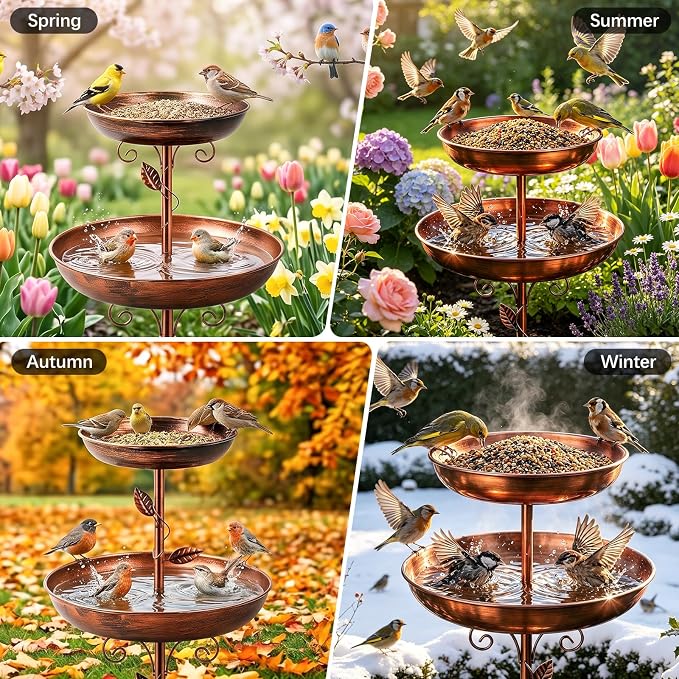 2-in-1 Tall Bird Bath and Feeder for Outdoors, 47" Adjustable Metal Standing Birdfeeder with 5-Prong Base, Antique Copper Finish Rustproof Water Bowl & Seed Tray Station for Garden Yard Patio Decor
