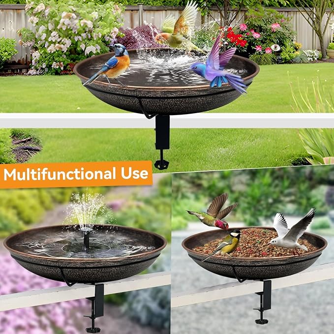 12' Railing Bird Bath for Deck Mounted Metal Bowl with Lightweight Detachable, Bird Baths with Adjustable Sturdy Steel Clamp for Deck Railing Balcony Yard Garden Decoration