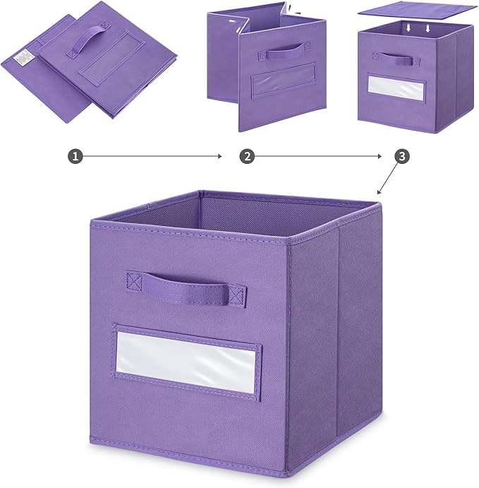 13x13x13 storage cube bins (Set of 10) Fabric storage cubes with 10 Labels Window Cards & a Pen, storage cubes 13x13, Collapsible 13 inch cube storage bins, Cubby Organizer Boxes, Purple