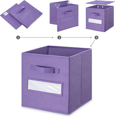 13x13x13 storage cube bins (Set of 10) Fabric storage cubes with 10 Labels Window Cards & a Pen, storage cubes 13x13, Collapsible 13 inch cube storage bins, Cubby Organizer Boxes, Purple