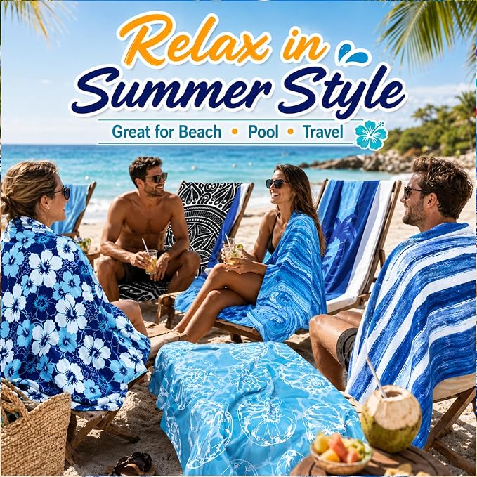 12 Pack Microfiber Beach Towel Set, 32x71 Oversized Extra Large Swim Pool Towel, Soft Fiber Beach Towels Set for Summer Travel, Spa, Swim Pool Accessories, Vacation Essential Gift (Blue and Floral Pac
