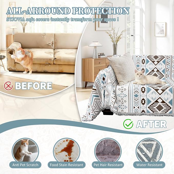 1OO% Waterproof Sectional Couch Covers for Dogs L Shaped Corner Sofa Cover Washable Chenille Sofa Slipcovers Blanket Modern Jacquard Pet Furniture Protector (91"x276", Boho Blue Brown)