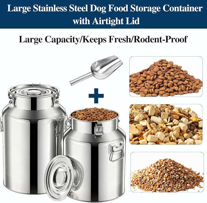 15 Lbs Stainless Steel Dog Food Storage Container with Scoop, Large Metal Dog Food Bin with Airtight Lid & Locking Clamp, Pet Food Container for Dogs & Cats, Keep Fresh, Easy to Clean