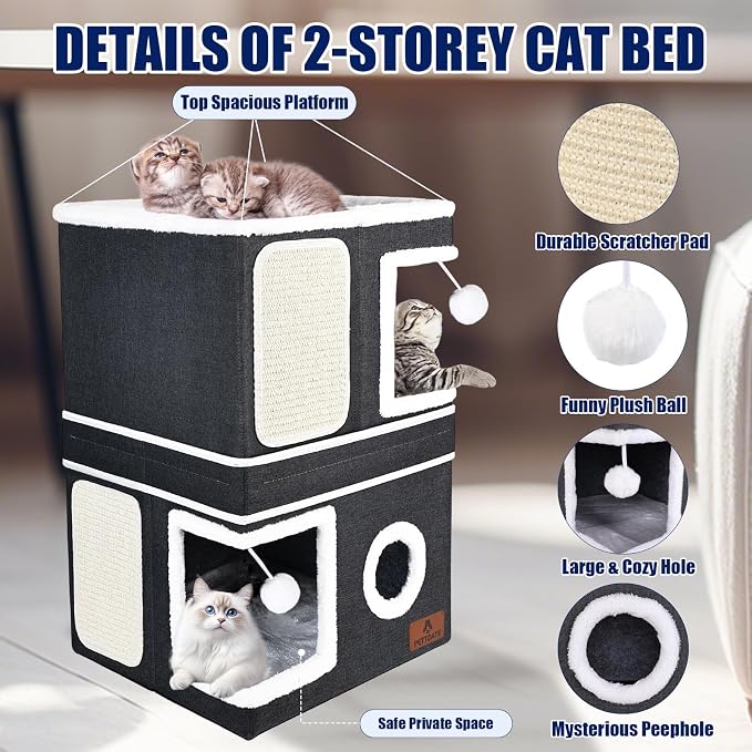 2-Story Cat House for Indoor Cats, Dual-Purpose Cat Cave Bed with Scratch Pad and Fluffy Ball, Foldable Cat Hideaway, Cute Cat Condo Furniture for Multi Small Pet Kitten, Dark Grey