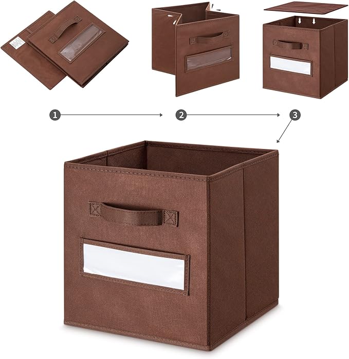 11 Inch Storage Cube,Storage bin,cube storage (Set of 10) Foldable Fabric Cube Storage Bins with 10 Labels Window Cards & a Pen,Baskets Containers for Shelves,Closet Organizers Box,Brown