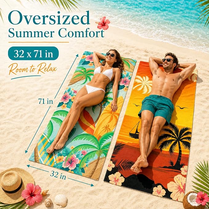 12 Pack Microfiber Beach Towel Set 32x71 Oversized Extra Large Swim Pool Towel Soft Fiber Beach Towels Set for Summer Travel Spa Swim Pool Accessories Vacation Essential Gift(Hawaii Tropical)