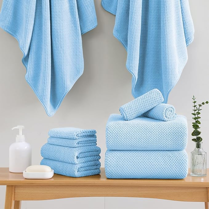 18 Piece Microfiber Bath Towels Set - 6 Bath Sheets,6 Hand Towels And 6 Washcloths,Soft Family Towels,Highly Absorbent Bathroom Towel,Quick Dry Shower Towel Luxury Towels For Hotel Spa Dorm-Blue