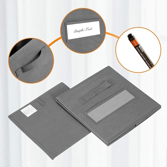 13x13x13 storage cube bins (Set of 10) Fabric storage cubes with 10 Labels Window Cards & a Pen, storage cubes 13x13, Collapsible 13 inch cube storage bins, Cubby Organizer Boxes, Gray