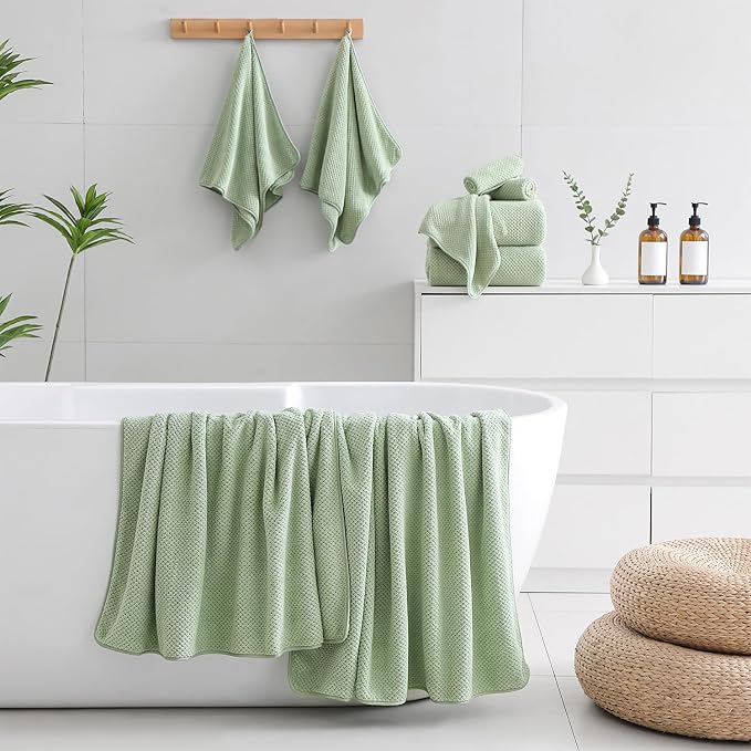 18 Piece Microfiber Bath Towels Set - 6 Bath Sheets,6 Hand Towels And 6 Washcloths,Soft Family Towels,Highly Absorbent Bathroom Towel,Quick Dry Shower Towel Luxury Towels For Hotel Spa Dorm-Green