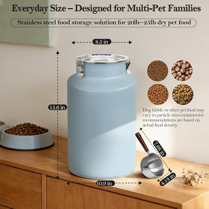 25 lb Stainless Steel Dog Food Storage Container, Airtight Metal Pet Food Canister with Lid & Scoop for Dog Cat Kibble, Heavy Duty for Daily Use, Keeps Kibble Fresh & Crunchy