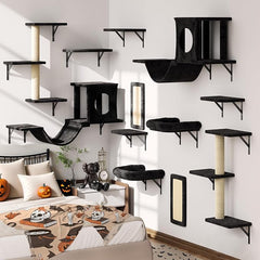 12-in-1 Cat Wall Shelves, Luxury Wall-Mounted Cat Climber Set | with Condos House, Scratching Post, Bridge Ladder, Indoor Space-Saving Furniture for Kittens, Black