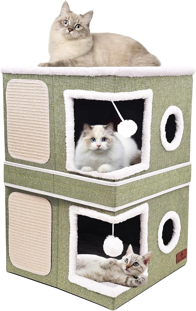 2-Story Cat House for Indoor Cats, Dual-Purpose Cave Bed with Scratch Pad and Fluffy Ball, Foldable Cat Hideaway, Cute Condo Furniture for Multi Small Pet Kitten, Green
