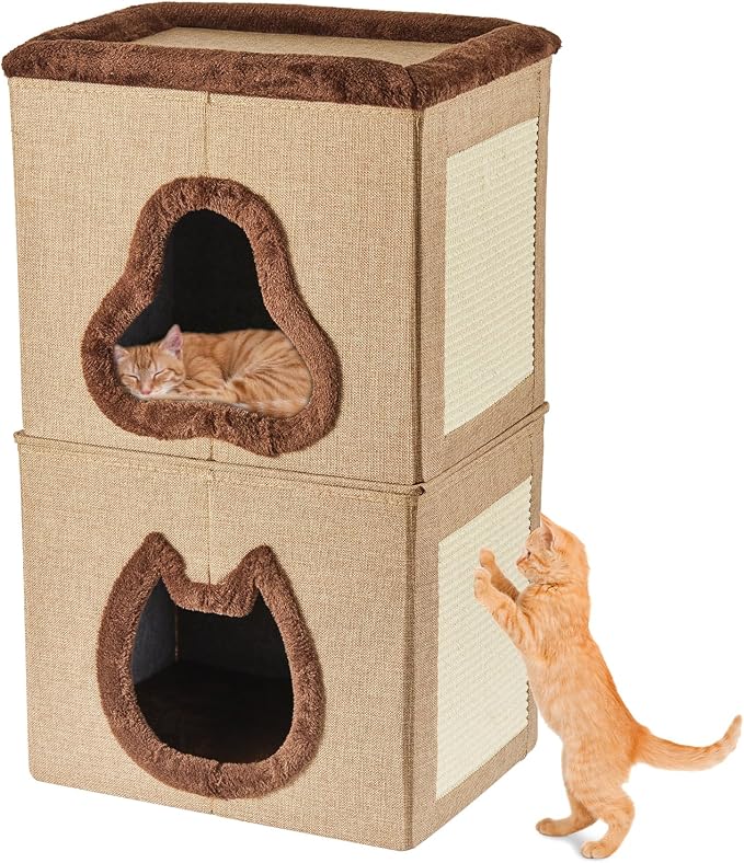 2-Tier Cat House for Indoor Cats Bed, Covered Cat Beds with Hideaway Cave and Scratch Pad, Foldable Modern Cat House for Multi Small Pet Large Kitten Kitty