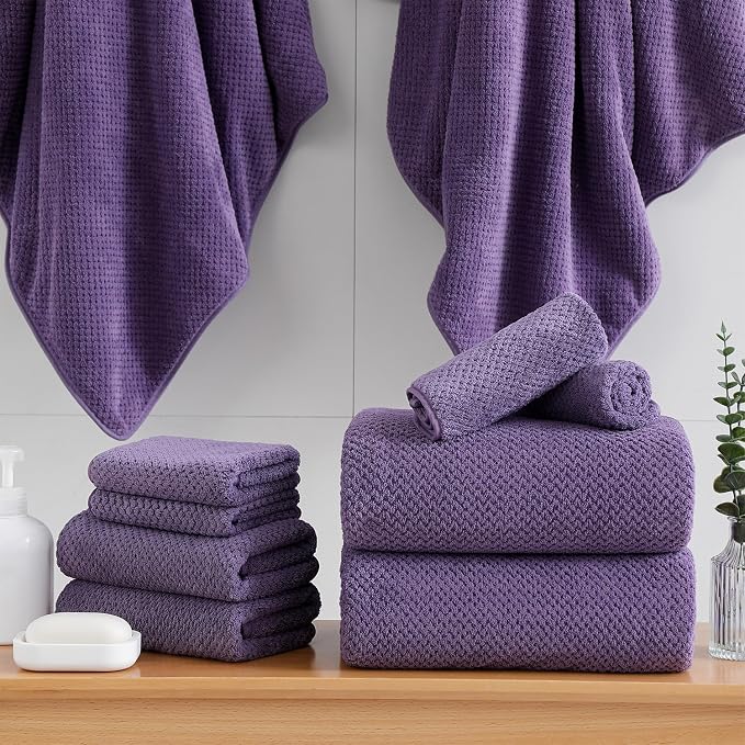 18 Piece Microfiber Bath Towels Set - 6 Bath Sheets,6 Hand Towels And 6 Washcloths,Soft Family Towels,Highly Absorbent Bathroom Towel,Quick Dry Shower Towel Luxury Towels For Hotel Spa Dorm-Purple