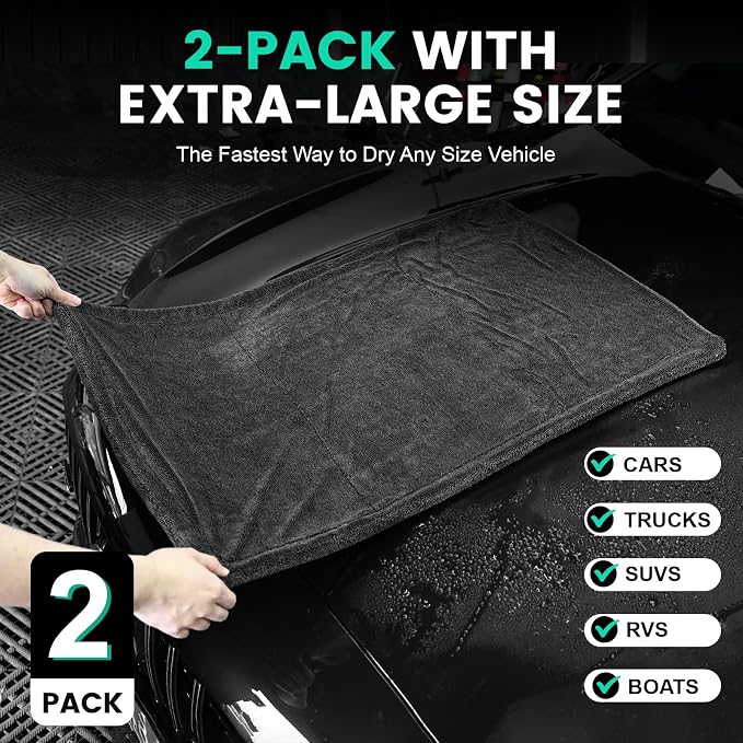 2 Pack Double-Sided Car Care, Microfiber Drying Towel, 1300GSM, 35" x 24" | Extra-Large, Ultra-Absorbant Microfiber Drying Towel for Cars and Trucks, Super Absorbent Car Drying Towel
