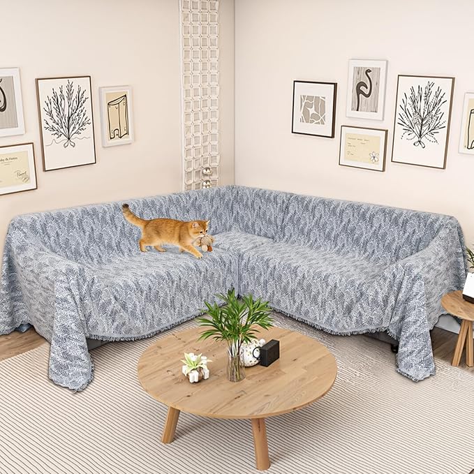 1OO% Waterproof Sectional Couch Covers for Dogs L Shaped Corner Sofa Cover Washable Chenille Sofa Slipcovers Blanket Modern Jacquard Pet Furniture Protector (91"x252", Navy Wave)