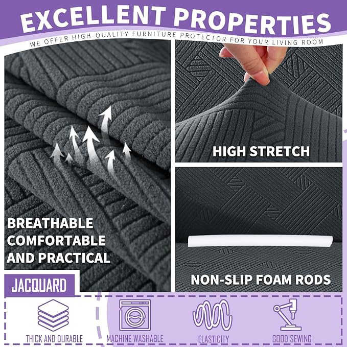 2025 Striped XL-Sofa Covers 4 Piece, Stretch Couch Covers for Extra Large Sofa, Anti Slip Oversized Slipcovers with Bottom Ties, Thick Durable Washable, Soft Cozy Protector (71"-91", Dark Grey)