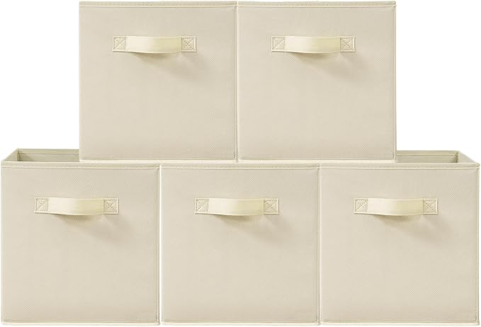 11 Inch Fabric Storage Cubes, Sturdy Foldable Storage Bins, Heavy Duty Cube Organizer for Clothes, Blankets, Shelves, Closets, Bedroom, Living Room, Beige, 5 Pack