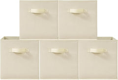 11 Inch Fabric Storage Cubes, Sturdy Foldable Storage Bins, Heavy Duty Cube Organizer for Clothes, Blankets, Shelves, Closets, Bedroom, Living Room, Beige, 5 Pack