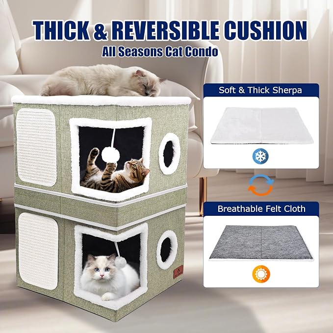 2-Story Cat House for Indoor Cats, Dual-Purpose Cave Bed with Scratch Pad and Fluffy Ball, Foldable Cat Hideaway, Cute Condo Furniture for Multi Small Pet Kitten, Green