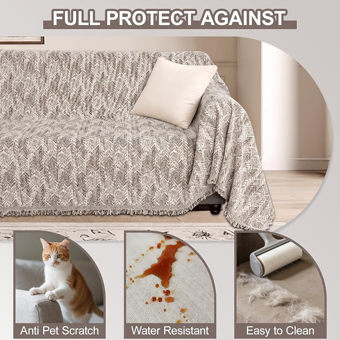 1OO% Waterproof Sectional Couch Covers for Dogs L Shaped Corner Sofa Cover Washable Chenille Sofa Slipcovers Blanket Modern Jacquard Pet Furniture Protector (91"x276", Coffee Wave)