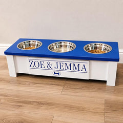 3 Bowl Dog Feeding Station, Personalized Triple Bowl Food Stand Small Dogs | Farmhouse Style, Elevated Wood Stand, Storage Container, Stainless Steel Bowls, Raised Feeder, Small Breed, Made in USA