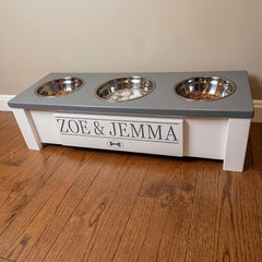3 Bowl Dog Feeding Station, Personalized Triple Bowl Food Stand Small Dogs | Farmhouse Style, Elevated Wood Stand, Storage Container, Stainless Steel Bowls, Raised Feeder, Small Breed, Made in USA