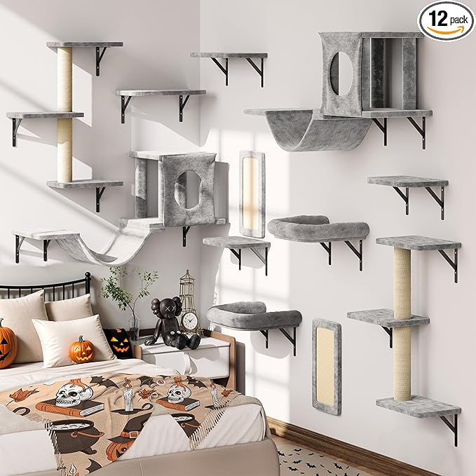 12-in-1 Cat Wall Shelves, Luxury Wall-Mounted Cat Climber Set | with Condos House, Scratching Post, Bridge Ladder, Indoor Space-Saving Furniture for Kittens .Gray