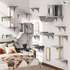 12-in-1 Cat Wall Shelves, Luxury Wall-Mounted Cat Climber Set | with Condos House, Scratching Post, Bridge Ladder, Indoor Space-Saving Furniture for Kittens .Gray