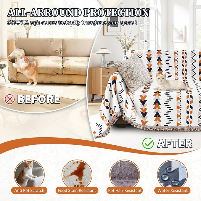 1OO% Waterproof Sectional Couch Covers for Dogs L Shaped Corner Sofa Cover Washable Chenille Sofa Slipcovers Blanket Modern Jacquard Pet Furniture Protector (91"x276", Boho Blue Orange)