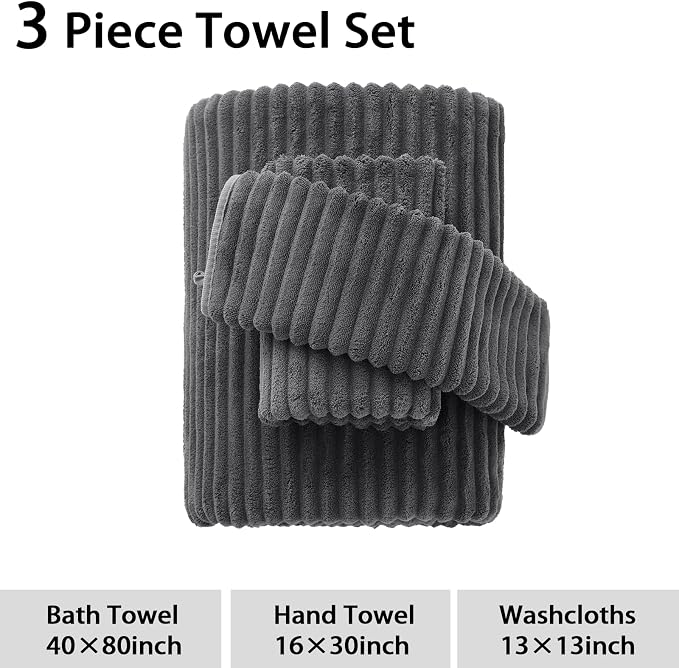 3 Pack Bath Towel Set, 40"x80" Oversized Bath Sheet, Charcoal Gray | Ultra Soft Microfiber, Lint Free, Quick Dry, Highly Absorbent, Full Body Coverage, 1 Bath Sheet, 1 Hand Towel, 1 Washcloth