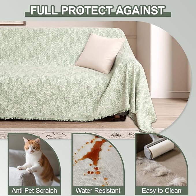 1OO% Waterproof Sectional Couch Covers for Dogs L Shaped Corner Sofa Cover Washable Chenille Sofa Slipcovers Blanket Modern Jacquard Pet Furniture Protector (91"x276", Green Wave)