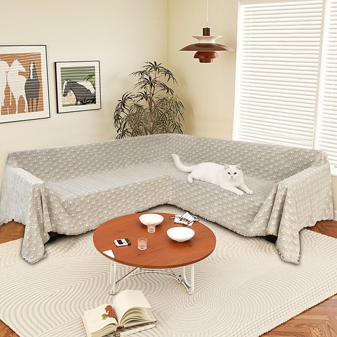 1OO% Waterproof Sectional Couch Covers for Dogs L Shaped Corner Sofa Cover Washable Chenille Sofa Slipcovers Blanket Modern Jacquard Pet Furniture Protector (91"x252", Khaki Weaving Triangle)