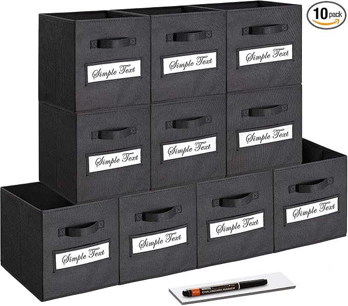 11 Inch Storage Cube,Storage bin,cube storage (Set of 10) Foldable Fabric Cube Storage Bins with 10 Labels Window Cards & a Pen,Baskets Containers for Shelves,Closet Organizers Box,Black