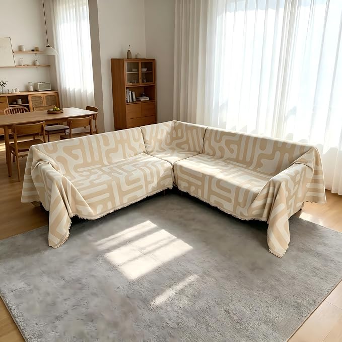 1OO% Waterproof Sectional Couch Covers for Dogs L Shaped Corner Sofa Cover Washable Chenille Sofa Slipcovers Blanket Modern Jacquard Pet Furniture Protector (91"x276", Boho Beige)