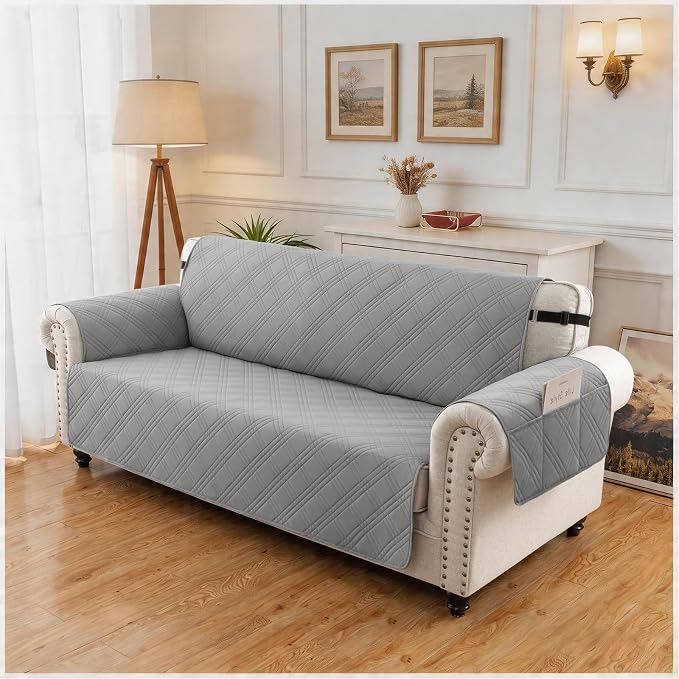 100% Waterproof Couch Cover for Dogs, Washable Anti-Slip Sofa Cover with Elastic Straps & Side Pockets, Quilted Furniture Protector for Kids & Pets (3 Cushion 68", Newgrey)