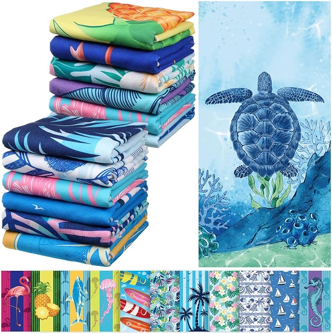 12 Pcs Oversized Microfiber Beach Towels Set 30 x 60 Extra Large Fiber Swim Pool Towel Absorbent Bath Blanket for Travel Vacation Accessories Gift Spa Soft Lightweight (Summer)