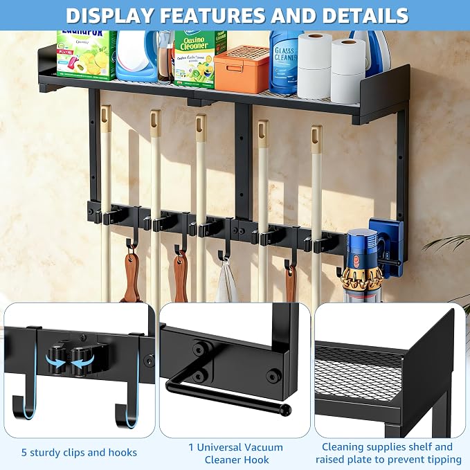 27" Mop and Broom Holder Wall Mount with Top Storage Shelf & Hooks,Black | Mop Hanger Wall Mount, 5 Grippers, 5 Hooks, Wall Organizer For Laundry Room, Garage And Kitchen