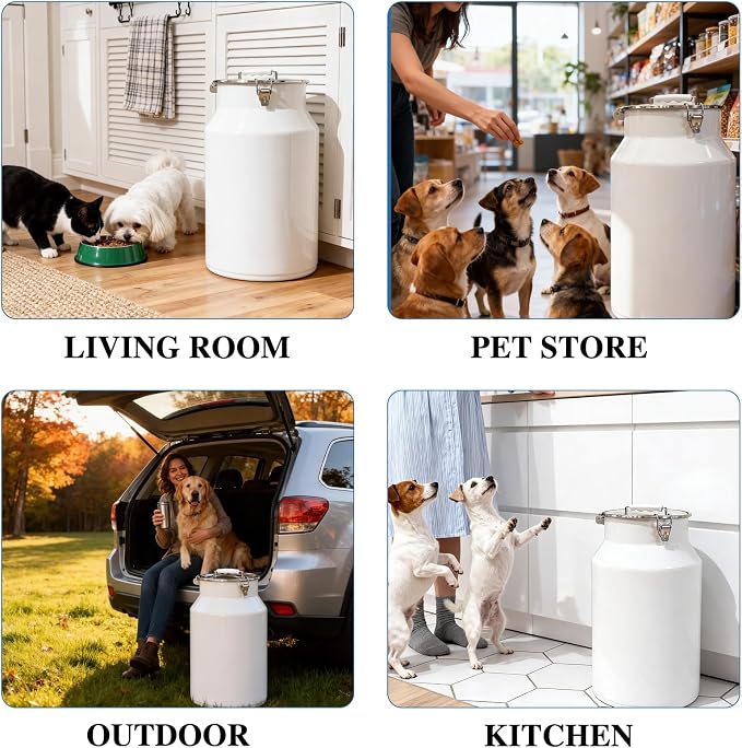 25 Lbs Stainless Steel Dog Food Storage Container with Scoop, Large Metal Dog Food Bin with Airtight Lid & Locking Clamp, Pet Treat Jars for Dogs & Cats, Keep Fresh, White
