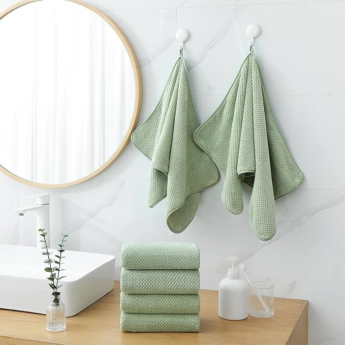 18 Piece Microfiber Bath Towels Set - 6 Bath Sheets,6 Hand Towels And 6 Washcloths,Soft Family Towels,Highly Absorbent Bathroom Towel,Quick Dry Shower Towel Luxury Towels For Hotel Spa Dorm-Green