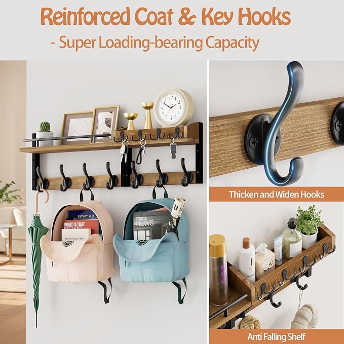 29 inch Coat Rack Wall Mount with Shelf, Entryway Wall Shelf with Hooks, Heavy Duty Coat Hanger Wall Mount with Key Holders and Mail Organizer for Living Room, Bedroom, Wooden Brown & Black