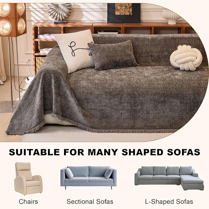 1-Piece Dark Grey Sofa Cover Heavy Thick Chenille Couch Covers | X-Large Non Slip Washable Slipcover for Sectional Sofa, Pet Friendly Furniture Protector for Pet Dogs Cats Scratch, 71"x134"