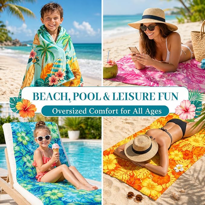 12 Pack Microfiber Beach Towel Set 32x71 Oversized Extra Large Swim Pool Towel Soft Fiber Beach Towels Set for Summer Travel Spa Swim Pool Accessories Vacation Essential Gift(Hawaii Tropical)