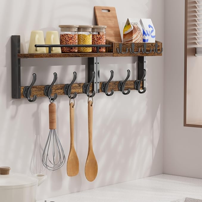 29 inch Coat Rack Wall Mount with Shelf, Entryway Wall Shelf with Hooks, Heavy Duty Coat Hanger Wall Mount with Key Holders and Mail Organizer for Living Room, Bedroom, Black & Brown