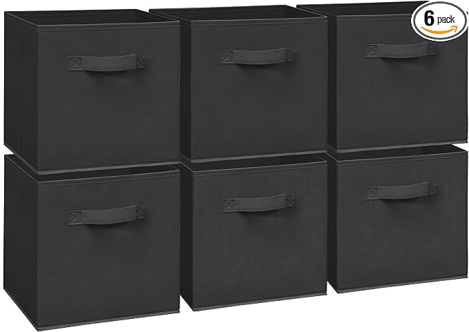 11 Inch Fabric Storage Cubes, Sturdy Foldable Storage Bins, Heavy Duty Cube Organizer for Clothes, Blankets, Shelves, Closets, Bedroom, Living Room, Black, 6 Pack