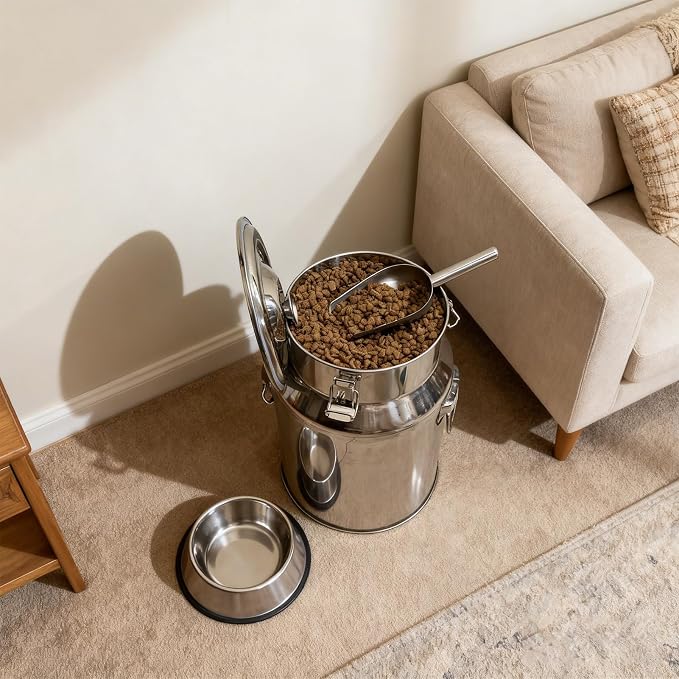 15 Lbs Stainless Steel Dog Food Storage Container with Scoop, Large Metal Dog Food Bin with Airtight Lid & Locking Clamp, Pet Food Container for Dogs & Cats, Keep Fresh, Easy to Clean
