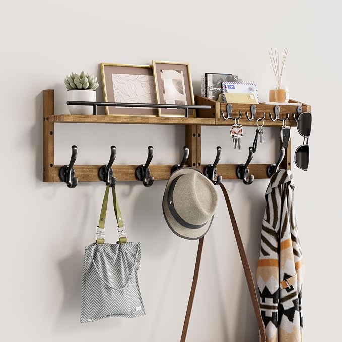 29 inch Coat Rack Wall Mount with Shelf, Entryway Wall Shelf with Hooks, Heavy Duty Coat Hanger Wall Mount with Key Holders and Mail Organizer for Living Room, Bedroom, Brown