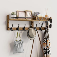 29 inch Coat Rack Wall Mount with Shelf, Entryway Wall Shelf with Hooks, Heavy Duty Coat Hanger Wall Mount with Key Holders and Mail Organizer for Living Room, Bedroom, Brown