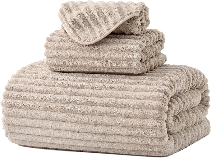3 Pack Bath Towel Set, 40"x80" Oversized Bath Sheet, Beige | Ultra Soft Microfiber, Lint Free, Quick Dry, Highly Absorbent, Full Body Coverage, 1 Bath Sheet, 1 Hand Towel, 1 Washcloth