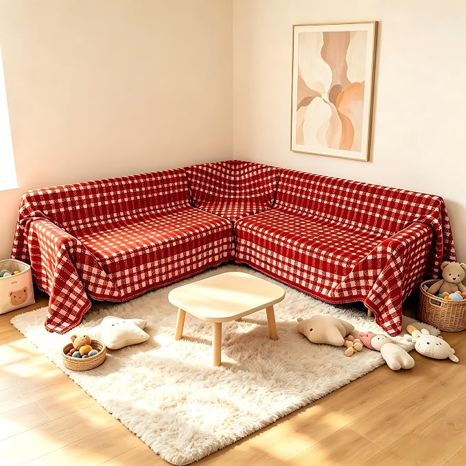 1OO% Waterproof Sectional Couch Covers for Dogs L Shaped Corner Sofa Cover Washable Chenille Sofa Slipcovers Blanket Modern Jacquard Pet Furniture Protector (91"x276", Red Checkered)
